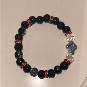Black and Red Beaded Bracelet with Cross